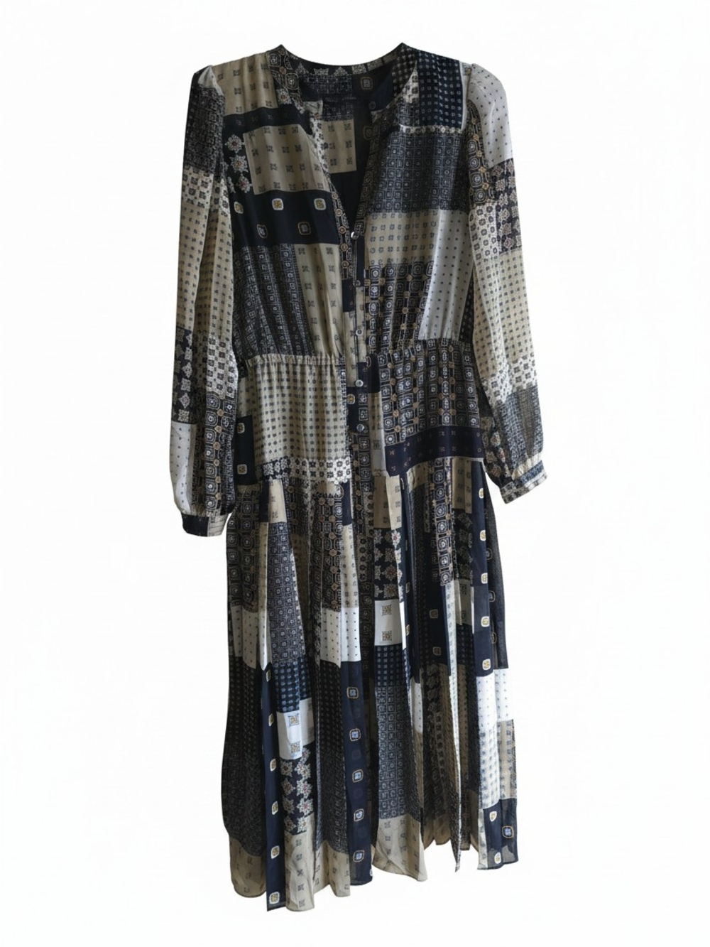 Banana Republic Navy and Cream Patchwork Button-Front Midi Dress